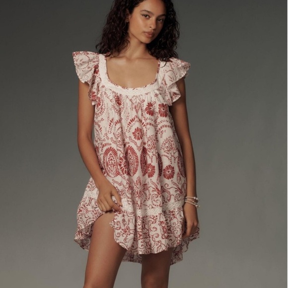 Maeve Dresses & Skirts - Anthropologie Maeve Flutter-Sleeve Babydoll Mini Dress Raspberry Floral Medium